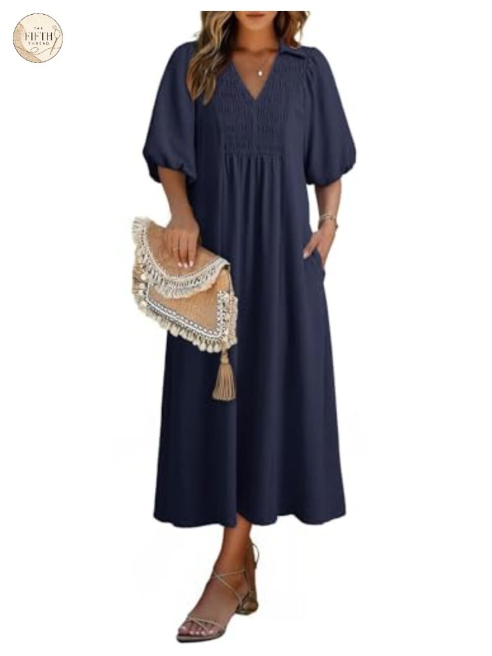 Dokotoo Women's Summer Maxi Dress V Neck Puff Sleeve A-Line